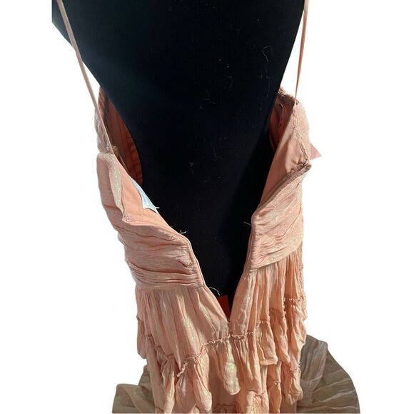 Anthropologie BHLDN Jessa Pink Metallic Asymmetrical Ruffled Drop-Waist Gown 8 - Picture 9 of 14